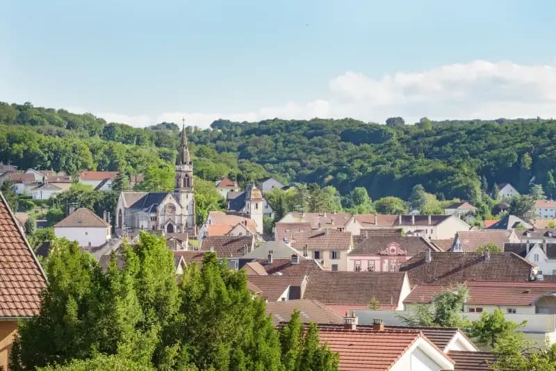 Vue du village de Seloncourt dans le Doubs avec son église et ses toits